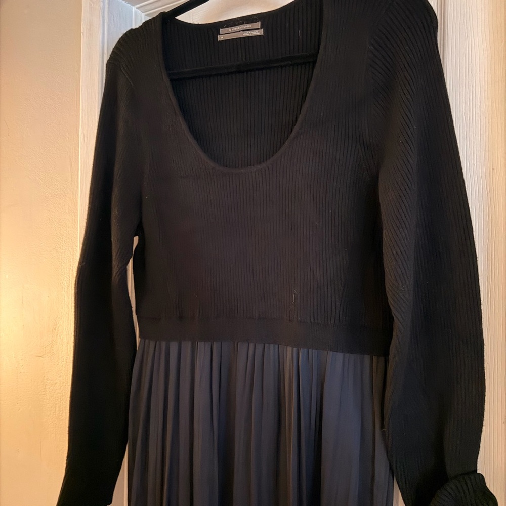 Anthropologie Black Ribbed Knit and Pleated Long Sleeve Dress